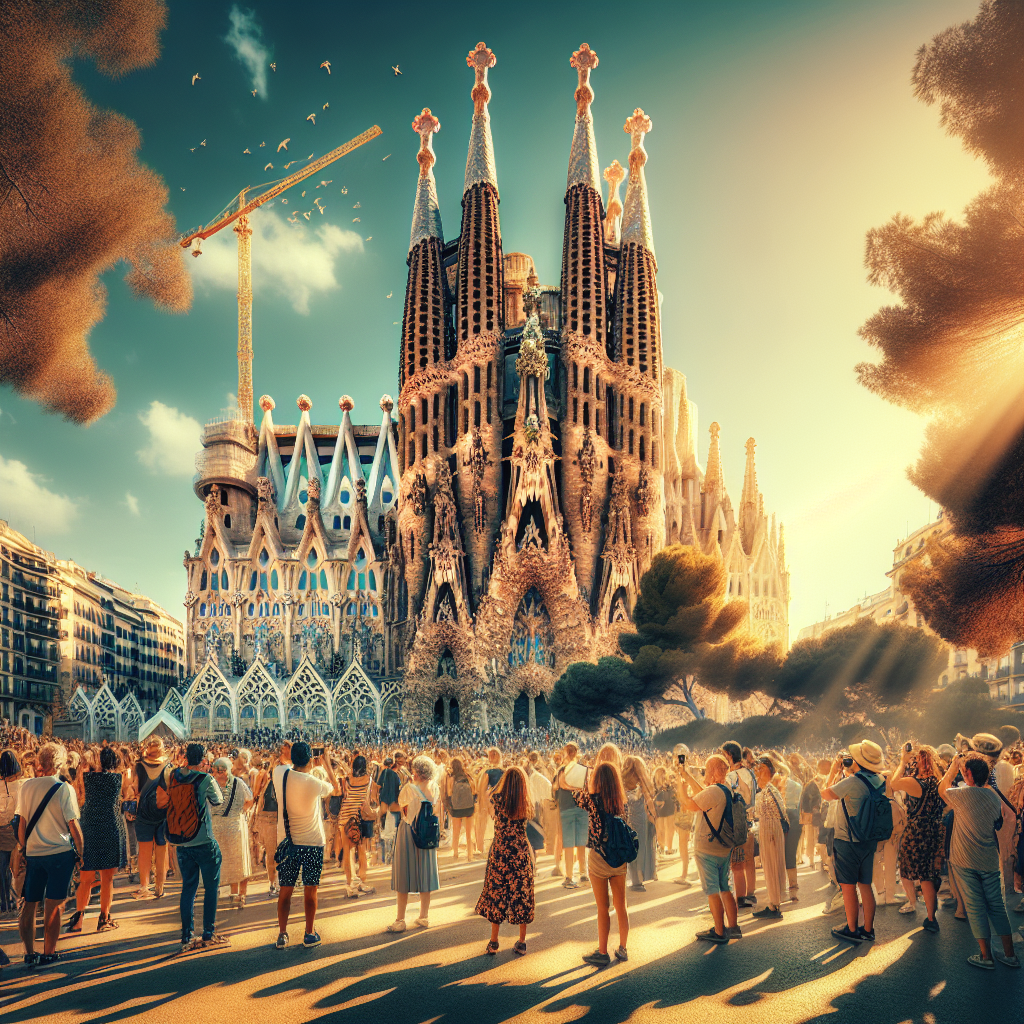 La Sagrada Família de Barcelone illuminée par le soleil avec des touristes prenant des photos.