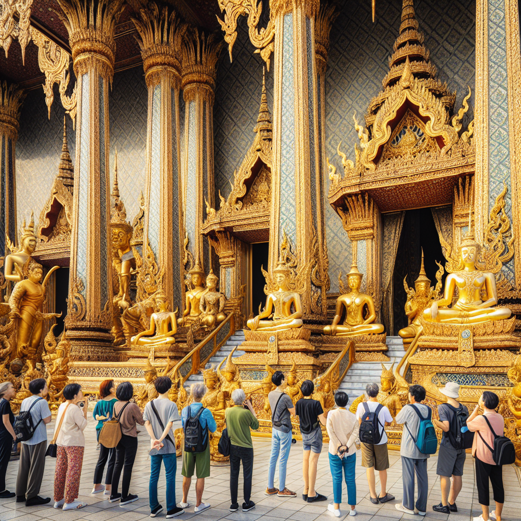 Temple majestueux de Bangkok avec des statues dorées et des visiteurs admirant l'architecture.