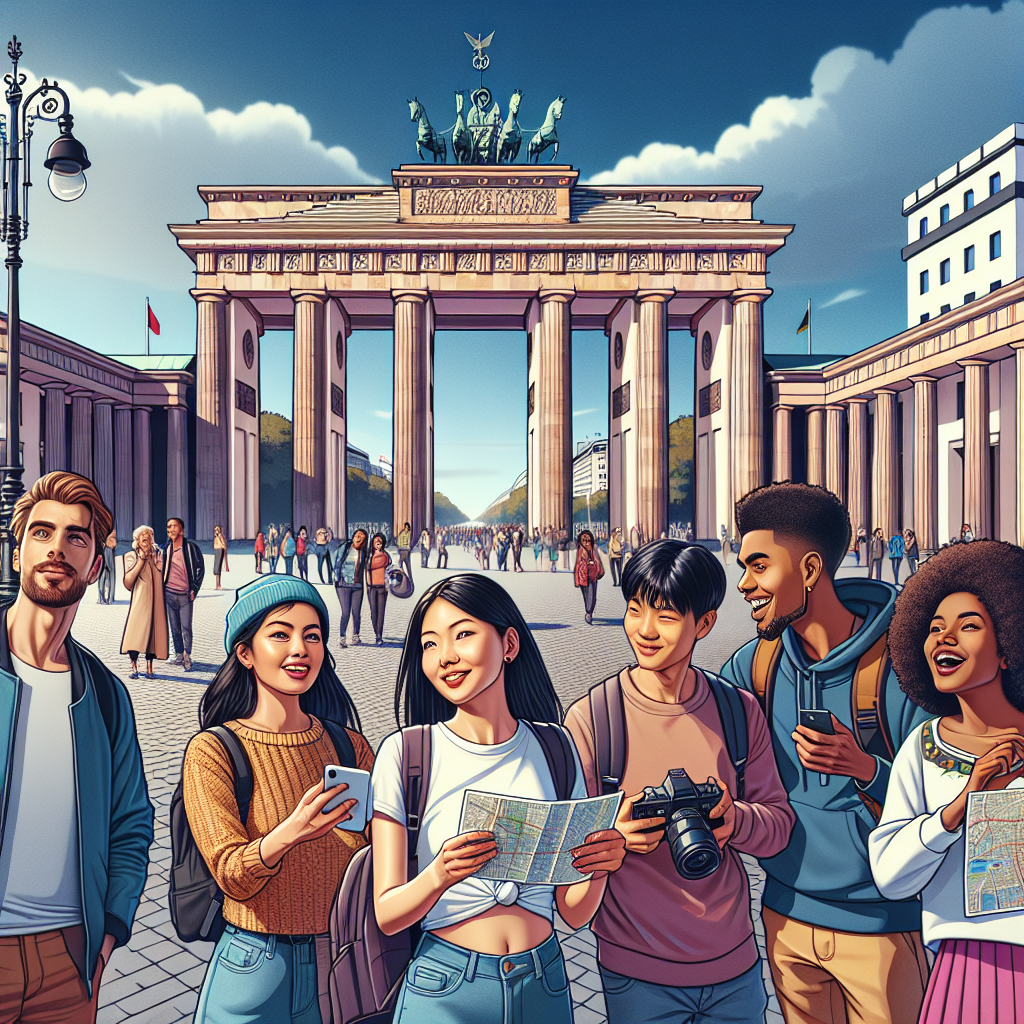 Brandenburger Tor à Berlin avec des touristes et un ciel bleu en arrière-plan.